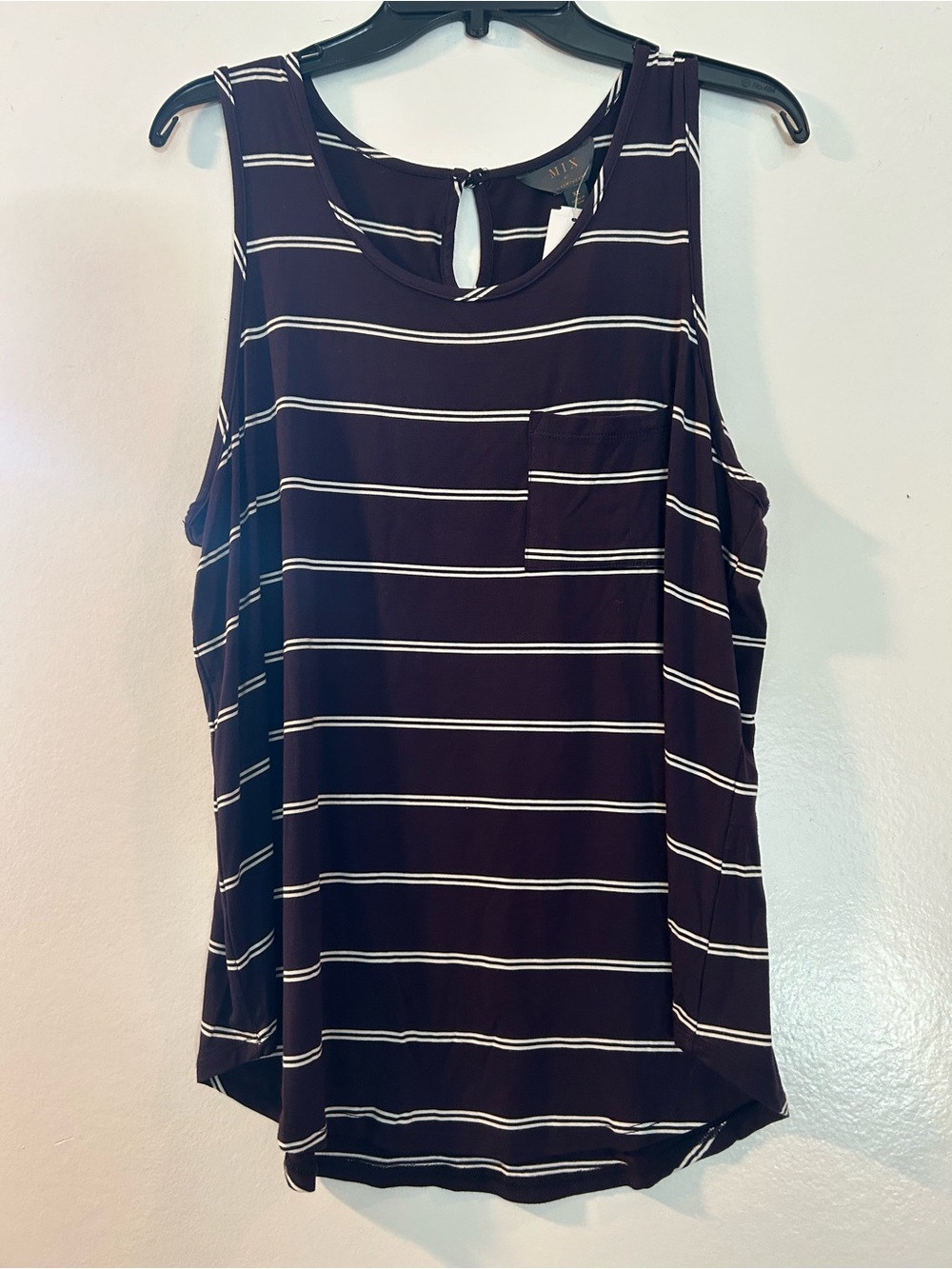 Mix by 41 Hawthorn Dark Plum and White Striped Sleeveless Pocket Tank